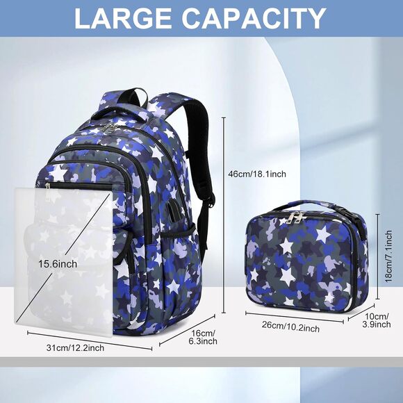 Blue Camo Star Print Backpack & Lunch Bag Set – School Bag Combo USB Port - Picture 2 of 6